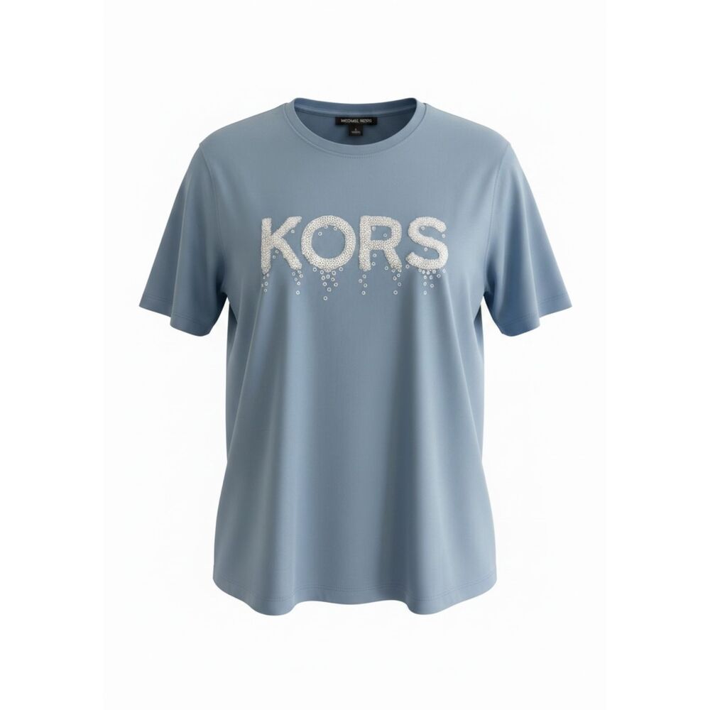 "KORS" Michael Kors Blue Embellished Mens Logo T-Shirt - Size Large